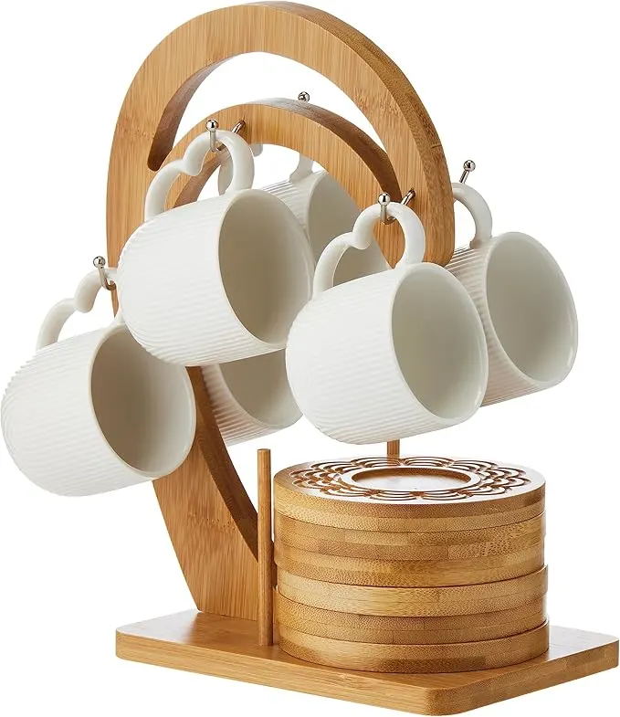 Bone China Shallow Tea Cup Set & Bamboo Saucer with Bamboo Stand 90ml