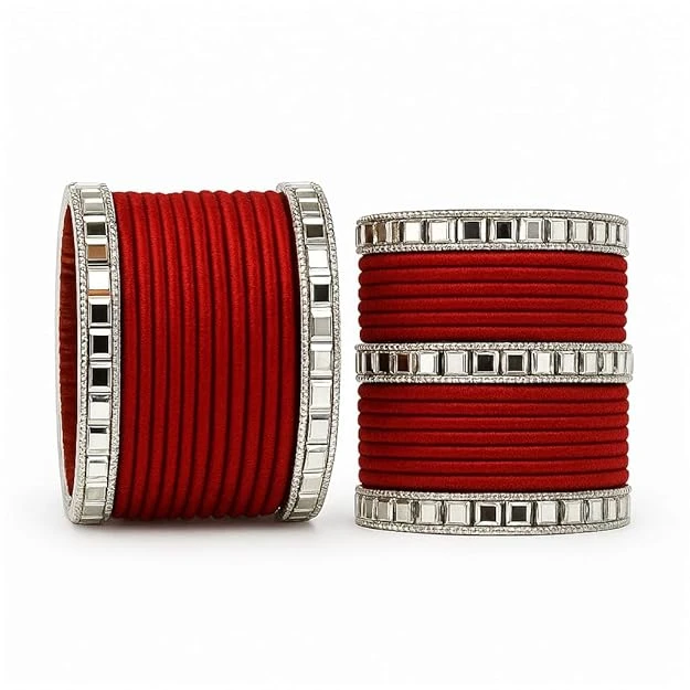 Traditional Red Velvet Bangles Set for Women & Girls with Mirror Stone Work – Indian Bridal Chura Style Kada – Ethnic Wedding Party Bangle Set