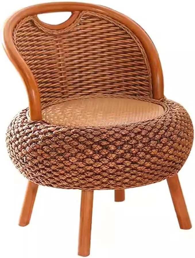 Retro Rattan Low Chair With Ergonomic Backrest, Japanese Farmhouse Style Tatami Lazy Chair Floor Round Seat Meditation Chair With Wooden Legs
