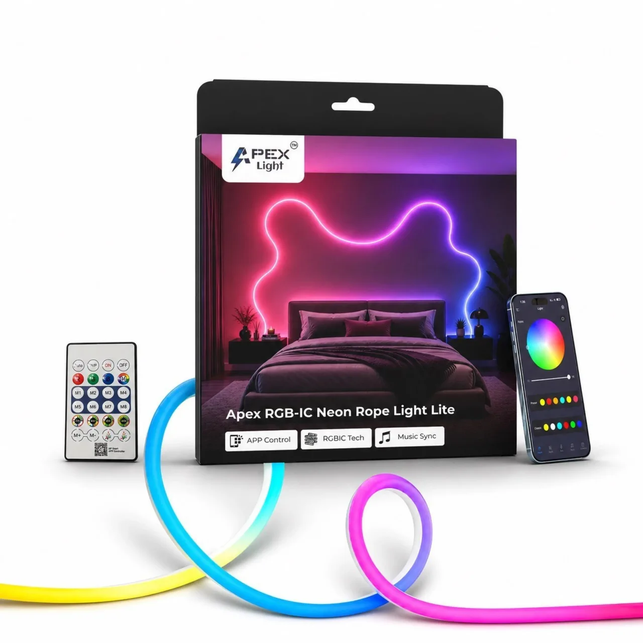 Apex RGBIC Neon Rope Light Lite – Smart Bluetooth App Control with Music Sync, Flexible DIY Neon Strip