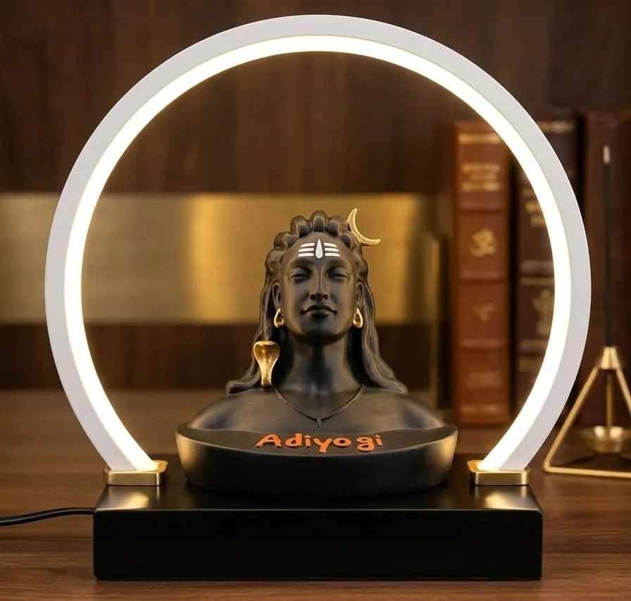 Adiyogi Shiva Statue with LED Ring Light – Mahadev Idol Showpiece for Home Decor, Office Desk, Meditation & Puja Room