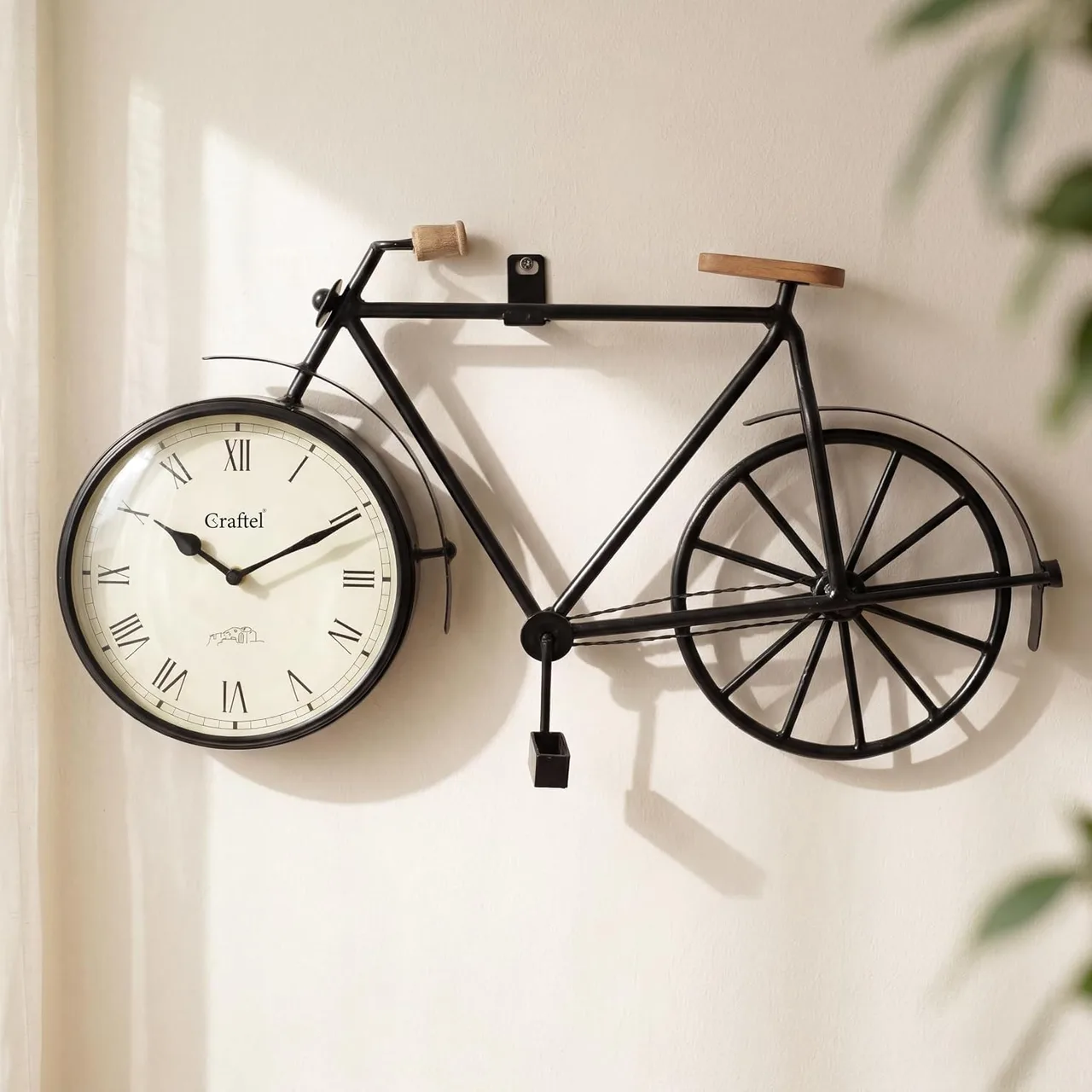 CRAFTEL Cycle Shaped Powder Coated Iron Roman Dial Wall Clock – Decorative Antique Style Analog Clock for Bedroom, Hall & Home Decor (24" x 12")