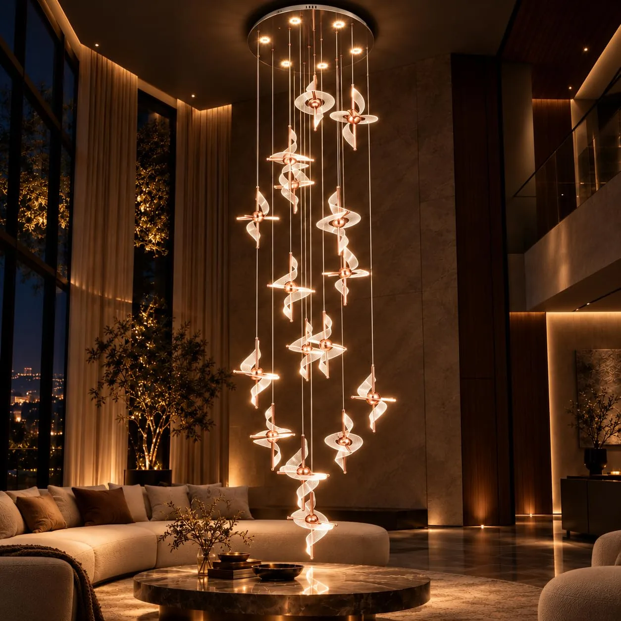 TRIPPING Luxury 112W 3-in-1 LED Pendant Chandelier – Rose Gold Crystal Leaf Hanging Jhoomar Light for Living Room, Staircase & High Ceiling Décor