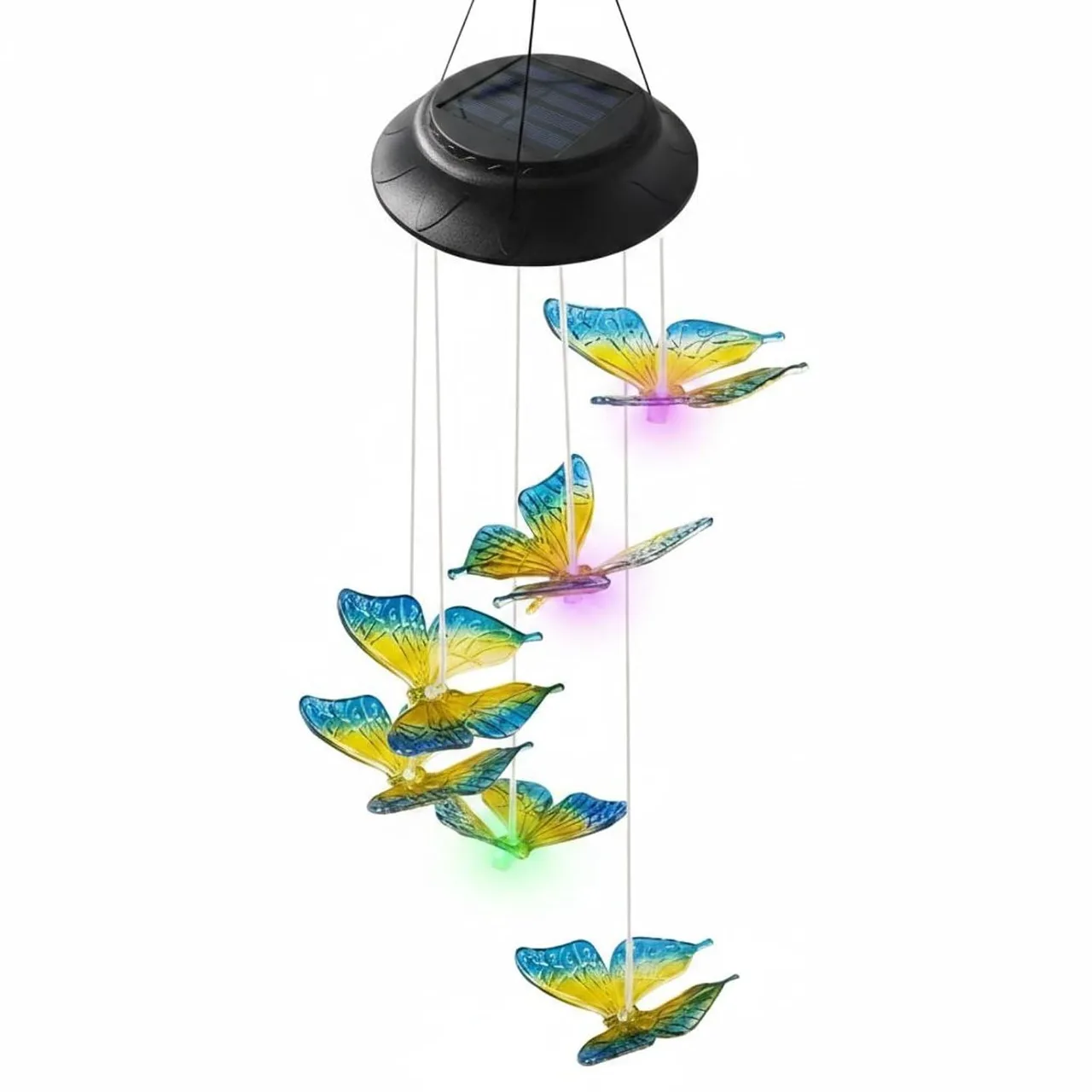 APIRILY Solar Wind Chime Lamp – Glass Fiber Reinforced Plastic Hot Air Balloon Hanging Light for Garden, Balcony & Shop Display, Blue Yellow Butterfly