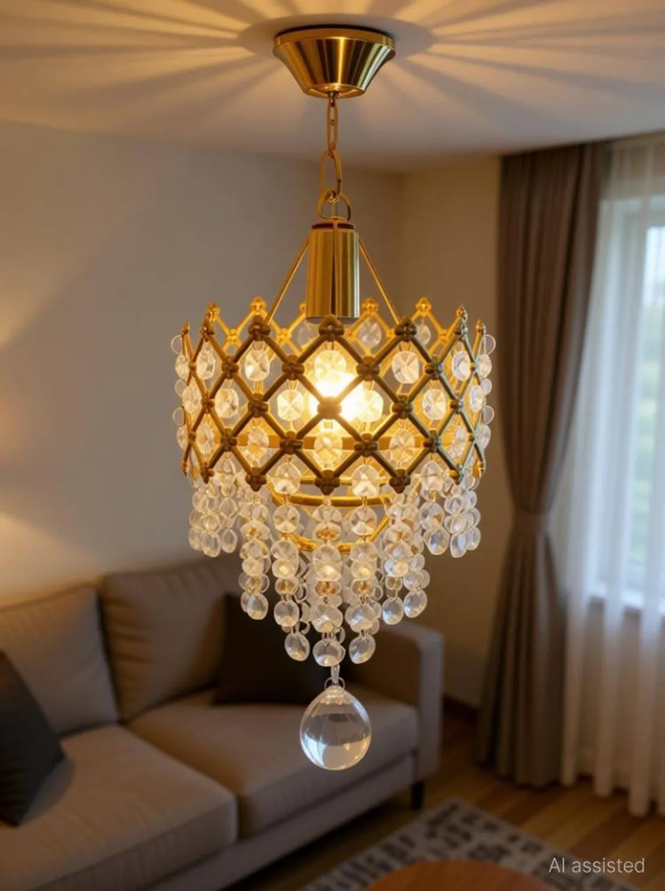 HOUSE OF COMMON Asfour Crystal Gold Jhoomar for Home Decor & Living Hall – 160MM Chandelier Ceiling Lamp