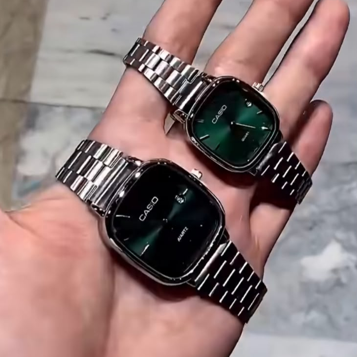 Casio 36mm Analog Watch – Green Sunray Dial, Sapphire Crystal, 316L Stainless Steel Bracelet