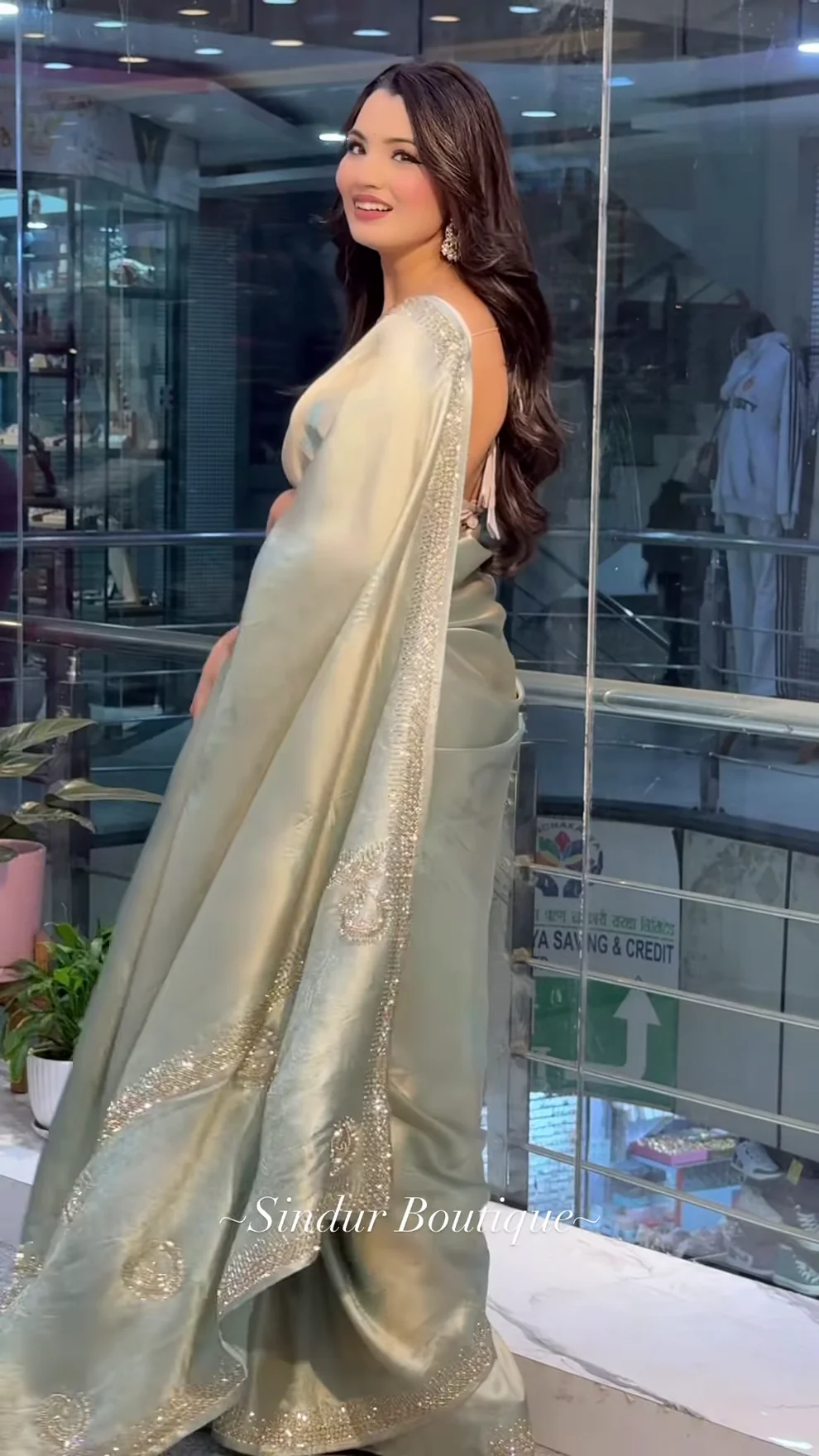 Elegant Sage Green Silk Saree with Sparkling Embellished Border